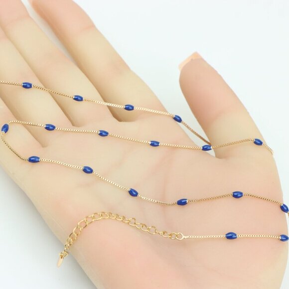 "Rose Gold Beaded Necklace with Blue Accents, Adjustable, XPNL0337 - Picture 4 of 11